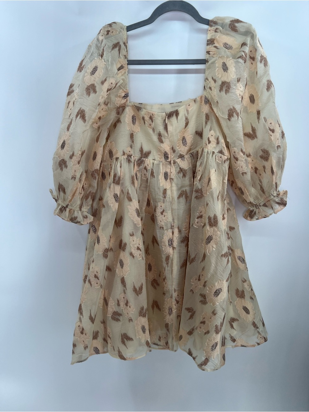 Storia Golden Floral Square Neck Puff Sleeve Mini Babydoll Dress L Large - Picture 7 of 10